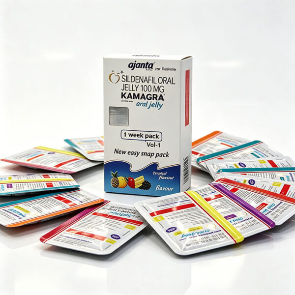 單效果凍-1 泰國果凍Kamagra Oral Jelly 100mg 外包裝盒正面 - 7種口味 印度Ajanta製藥