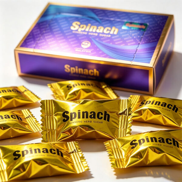 汗馬金糖 Hamer Candy Spinach 包裝側面與品牌標示 - GINSENG HERB SUGAR 人參草本糖