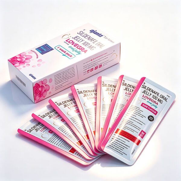 女用果凍-1 女用果凍威爾剛Lovegra Oral Jelly 外包裝盒正面 - 西地那非100mg 7包裝 印度Ajanta