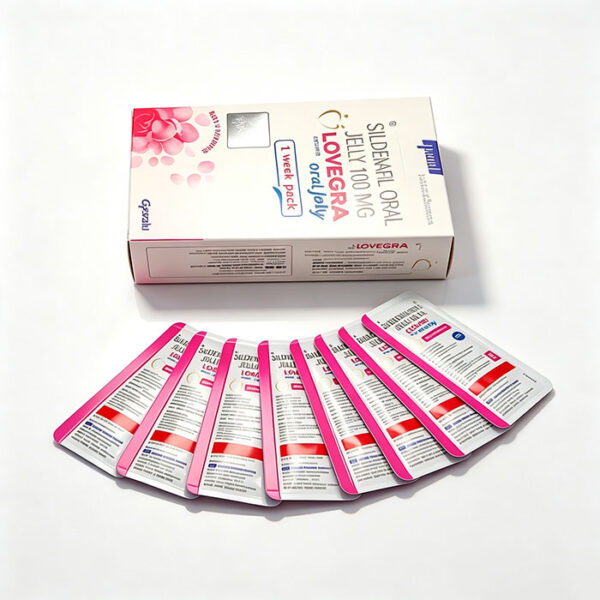 女用果凍-2 女用果凍威爾剛Lovegra Oral Jelly 鋁箔袋包裝與果凍凝膠特寫 - 玫瑰口味 7包裝