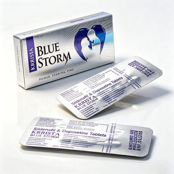 印度藍色風暴雙效威而鋼 Krrista Blue Storm 鋁箔排裝與成分標示 - 西地那非+達泊西汀雙效片