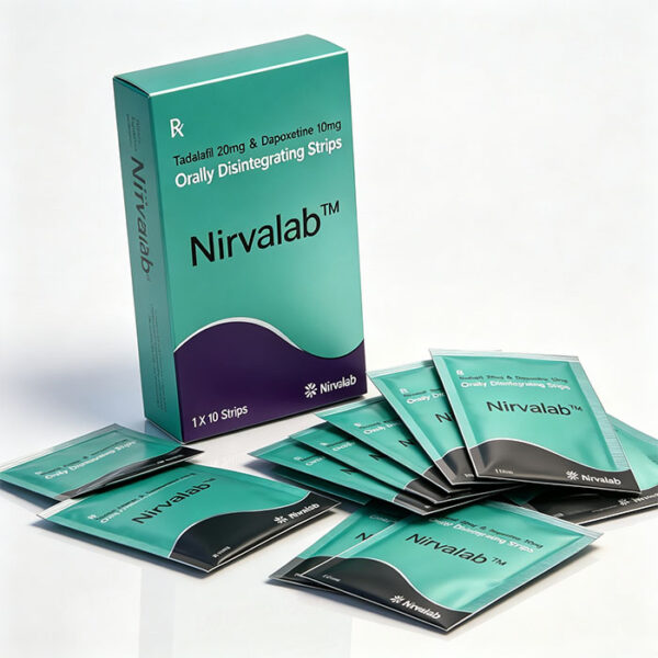 雙效綠膜-1 雙效綠膜口溶膜 Nirvalab 外包裝盒正面 - 他達拉非20mg+達泊西汀10mg 10片裝 印度KASO製藥外包裝盒正面特寫,綠色為主調的盒身印有「Nirvalab」品牌字樣與「Dual-Effect Green Film」標示,清楚標示雙效成分「Tadalafil 20mg & Dapoxetine 10mg」與「10 Films」規格,整體包裝設計簡潔清新,綠色視覺傳達天然、創新的產品形象。